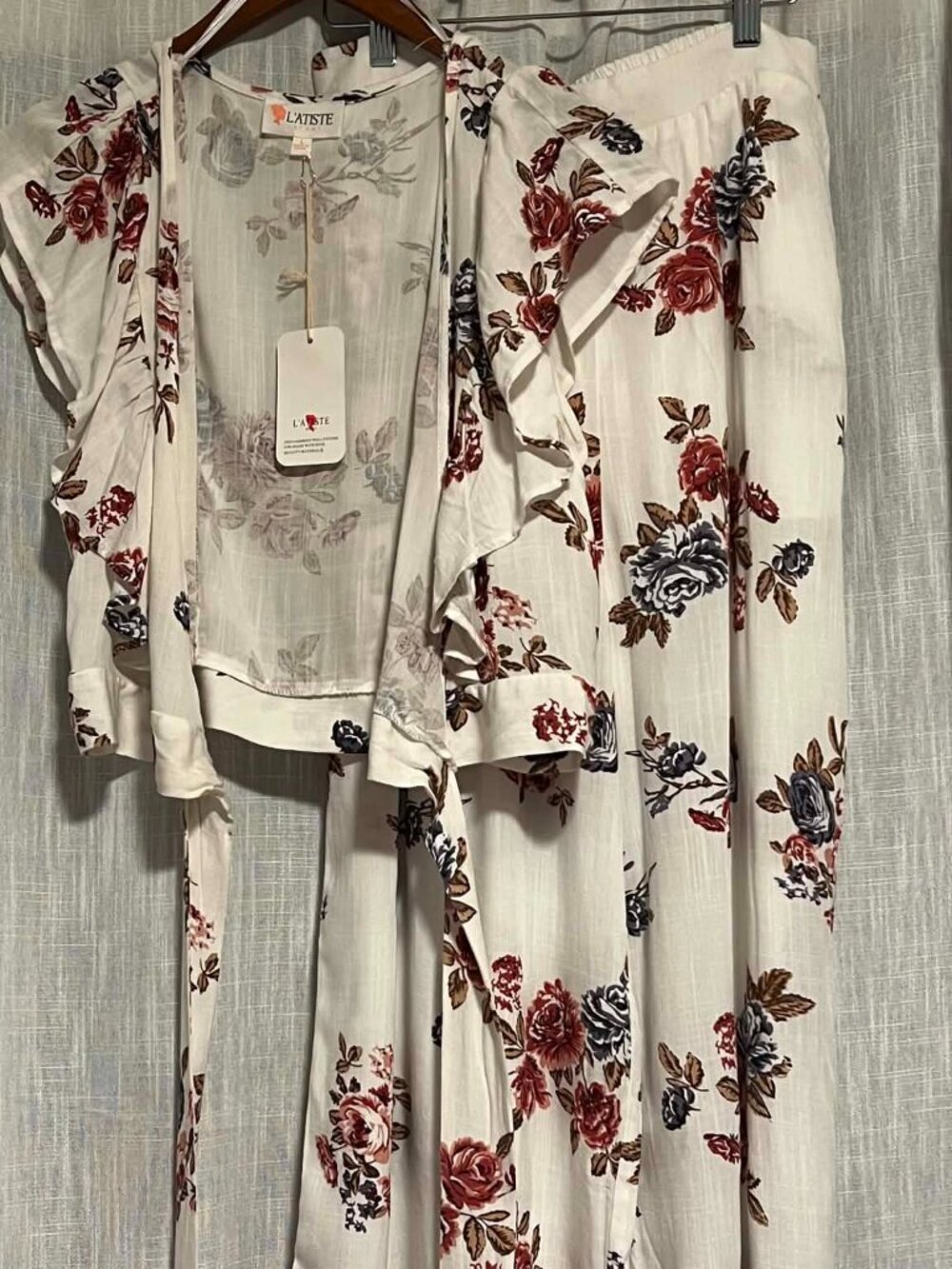 L'Atiste 100% Linen Two-Piece Set Cropped Wrap Top High Waist Pants Size L